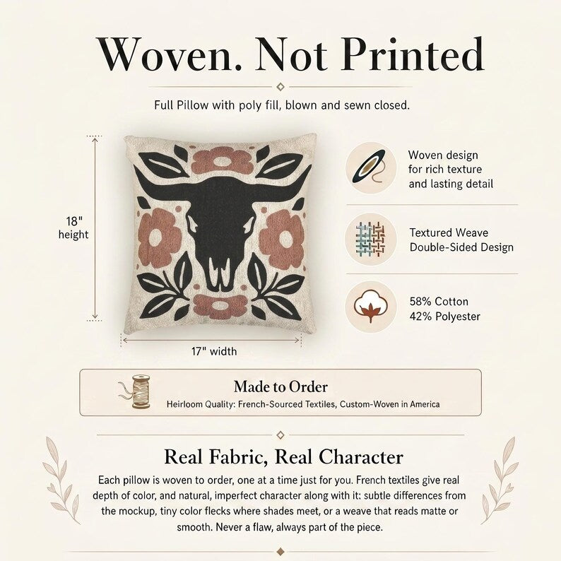 Longhorn Skull Woven Pillow | Western Floral Tapestry Decor