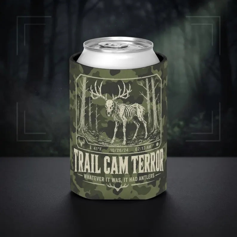 Trail Cam Terror Can Cooler | Skeleton Buck Camo Koozie