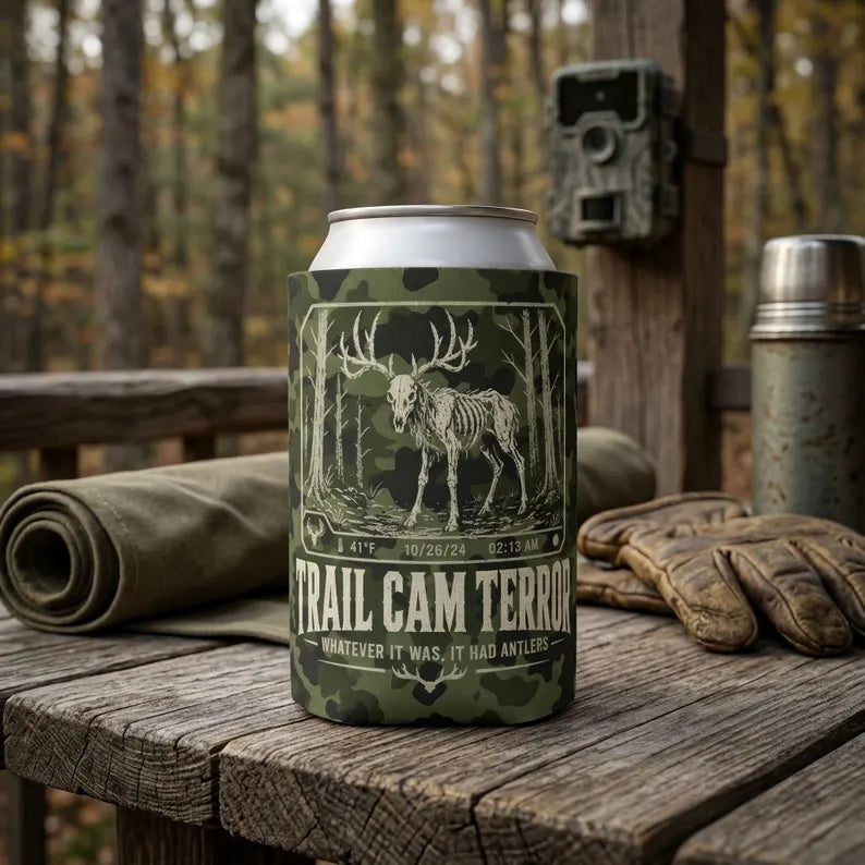 Trail Cam Terror Can Cooler | Skeleton Buck Camo Koozie