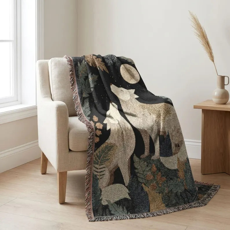 Moonlit Wolves Woven Blanket | Forest & Full Moon Throw