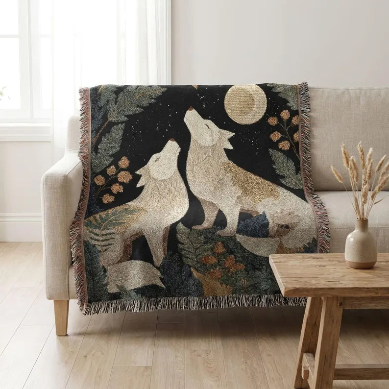 Moonlit Wolves Woven Blanket | Forest & Full Moon Throw