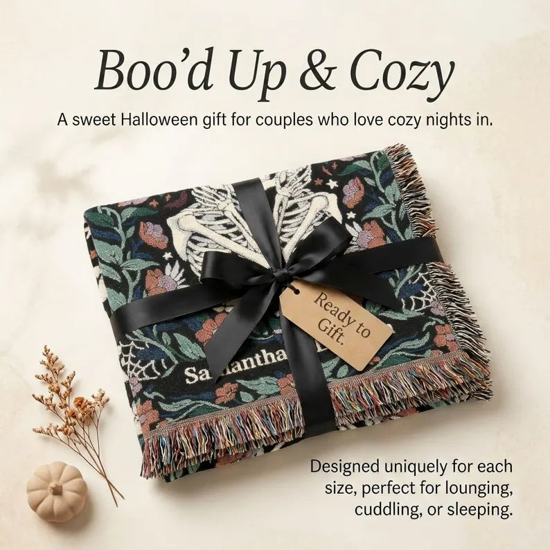Personalized Skeleton Couple Woven Blanket | Gothic Halloween Throw