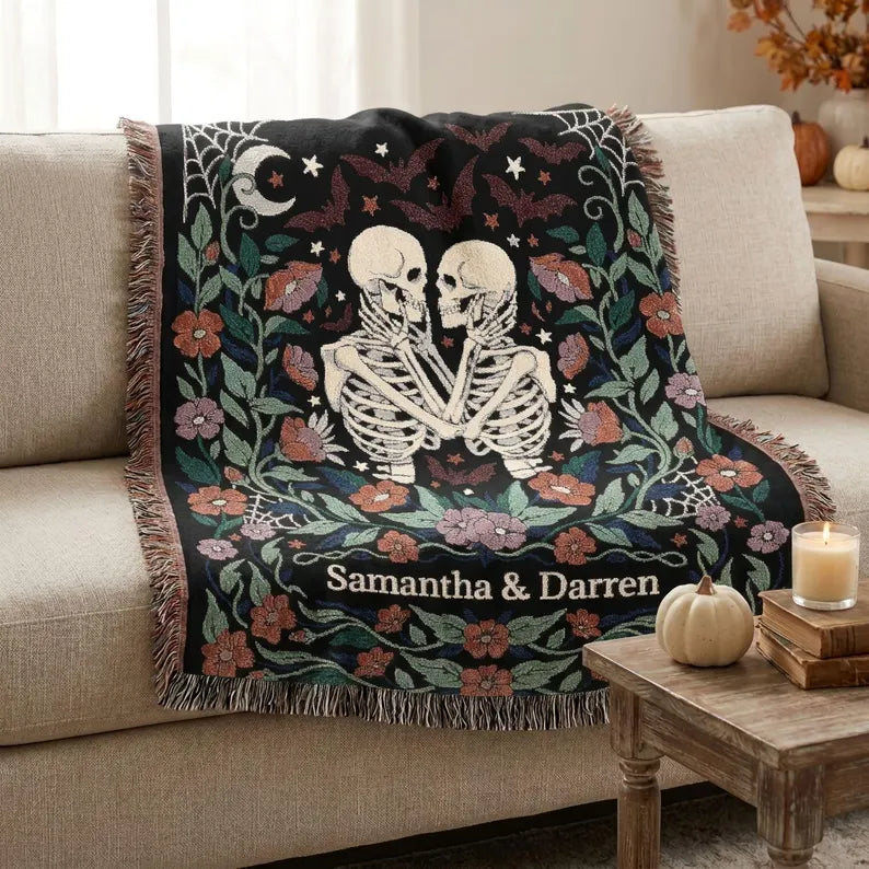 Personalized Skeleton Couple Woven Blanket | Gothic Halloween Throw