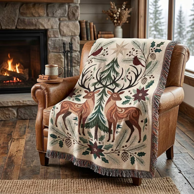 Christmas Deer & Cardinal Woven Blanket | Nordic Folk Art Throw