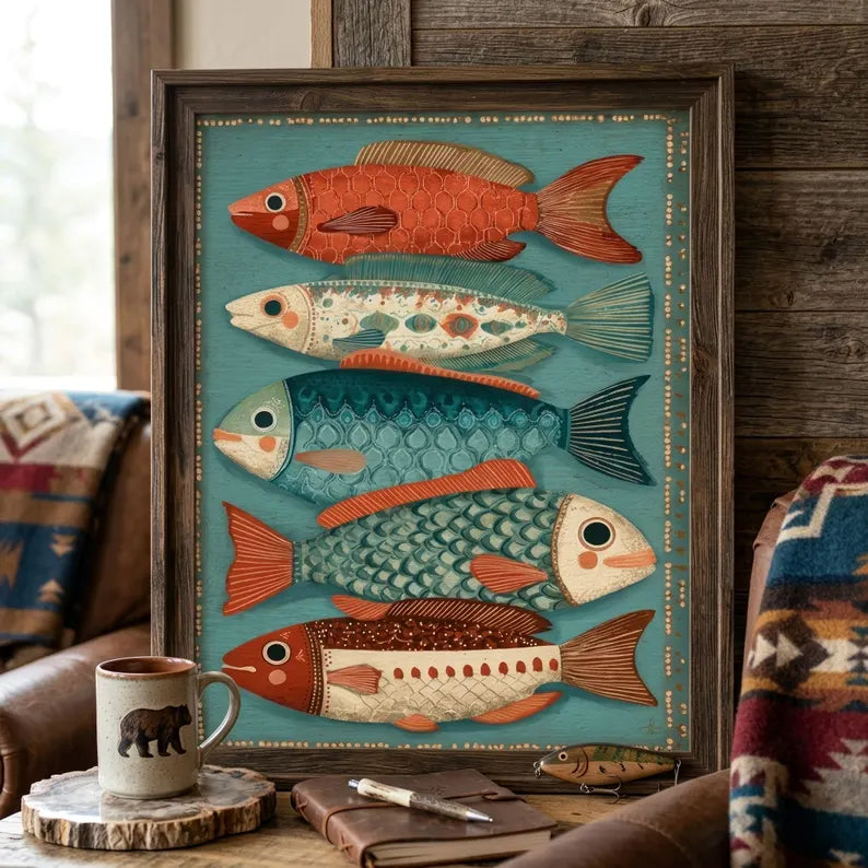 Retro Folk Fish Poster | Colorful Coastal Wall Art