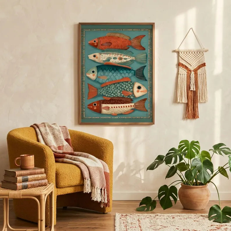 Retro Folk Fish Poster | Colorful Coastal Wall Art