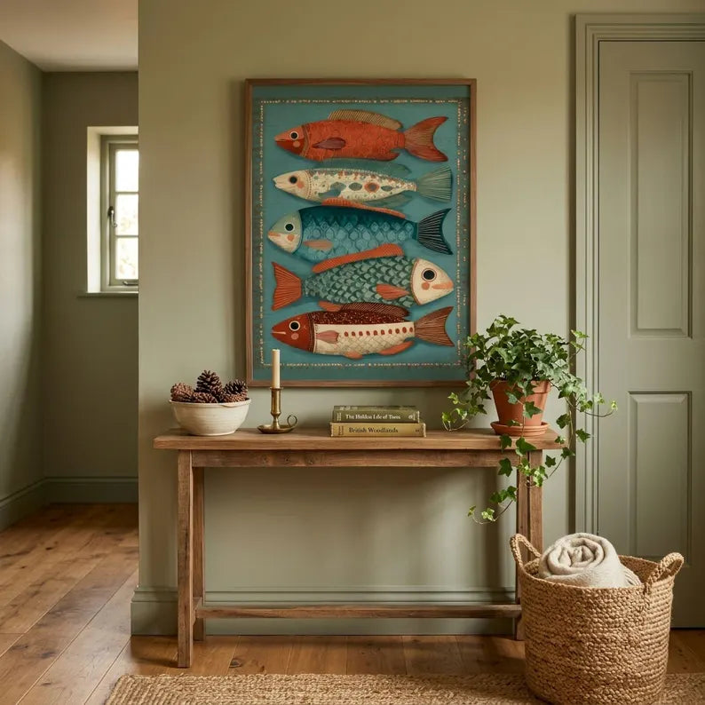 Retro Folk Fish Poster | Colorful Coastal Wall Art