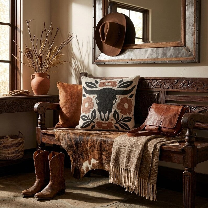 Longhorn Skull Woven Pillow | Western Floral Tapestry Decor