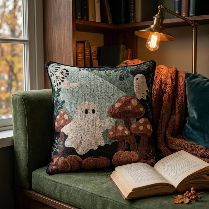Two ghosts with mushrooms and pumpkins Halloween woven pillow