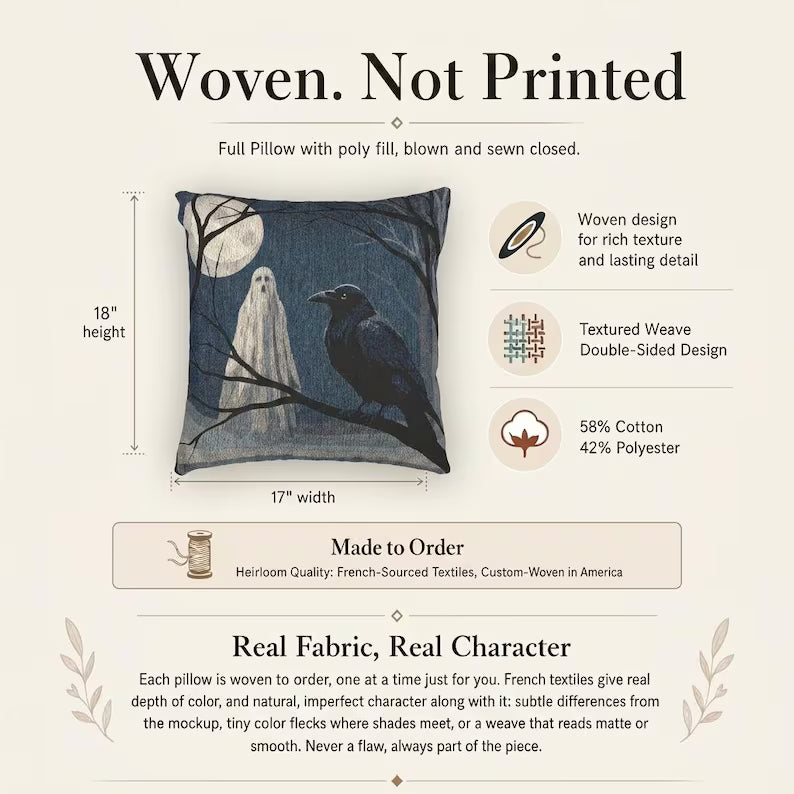 Ghost and raven woven pillow size, materials and construction details