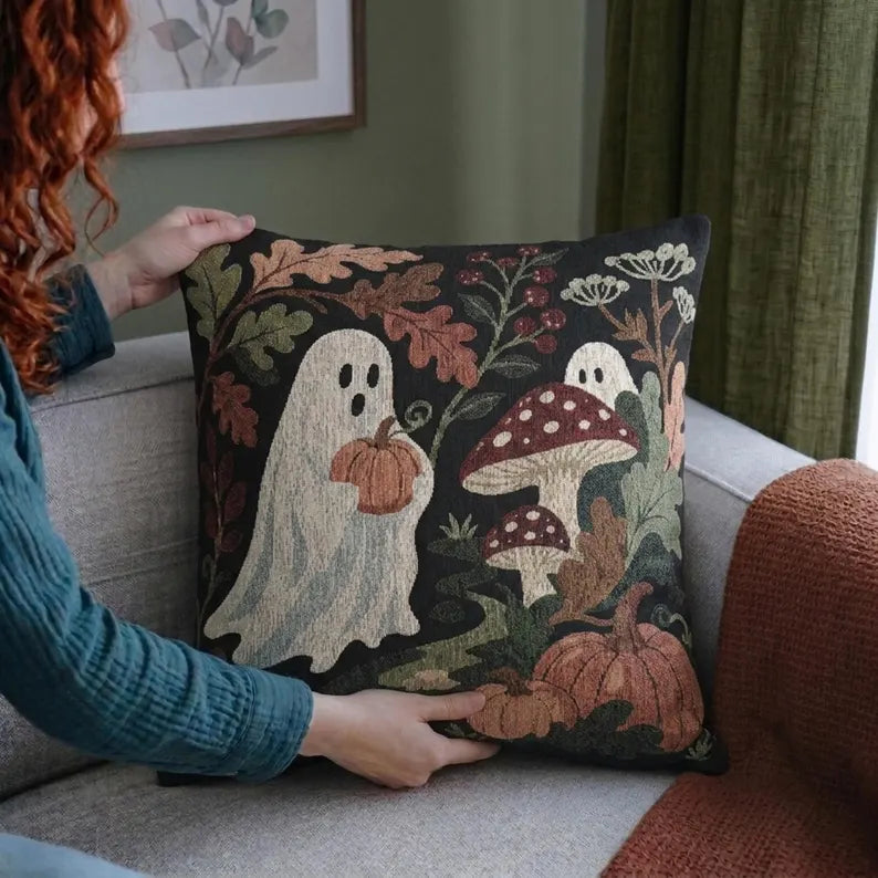 Ghosts & Mushrooms Woven Pillow | Woodland Halloween Decor