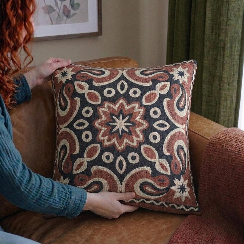 Boho Medallion Woven Pillow | Rust & Navy Kilim Decor