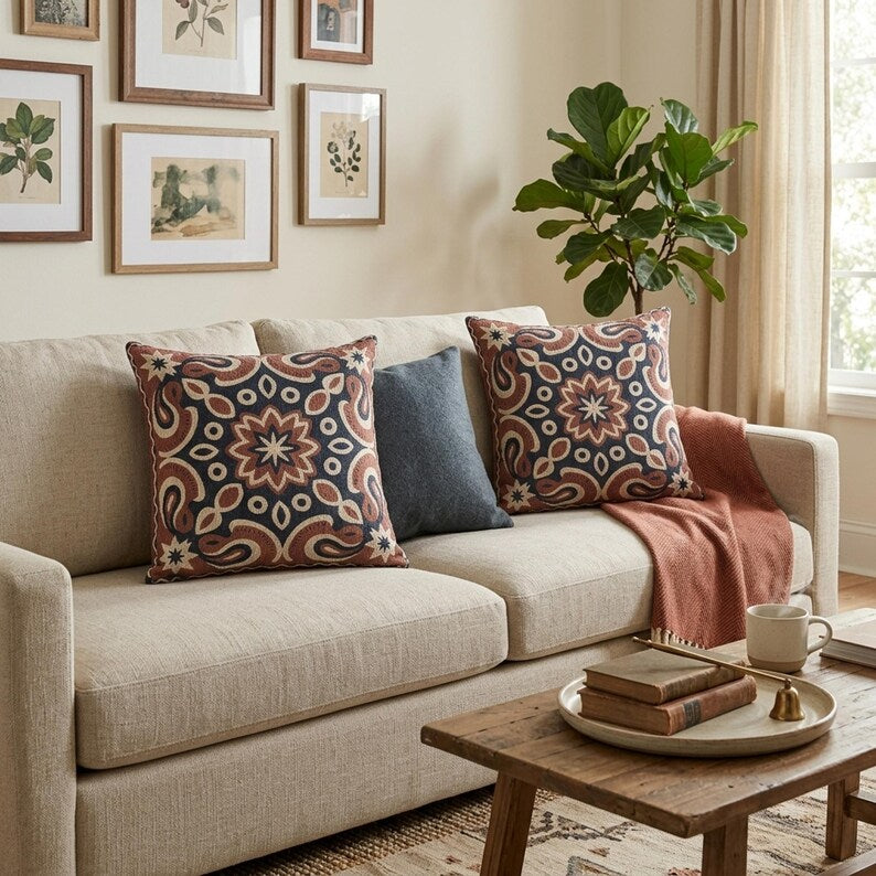 Boho Medallion Woven Pillow | Rust & Navy Kilim Decor