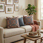 Boho Medallion Woven Pillow | Rust & Navy Kilim Decor