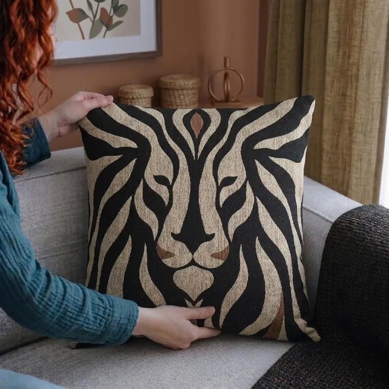 Lion Face Woven Pillow | Black & Beige Safari Decor