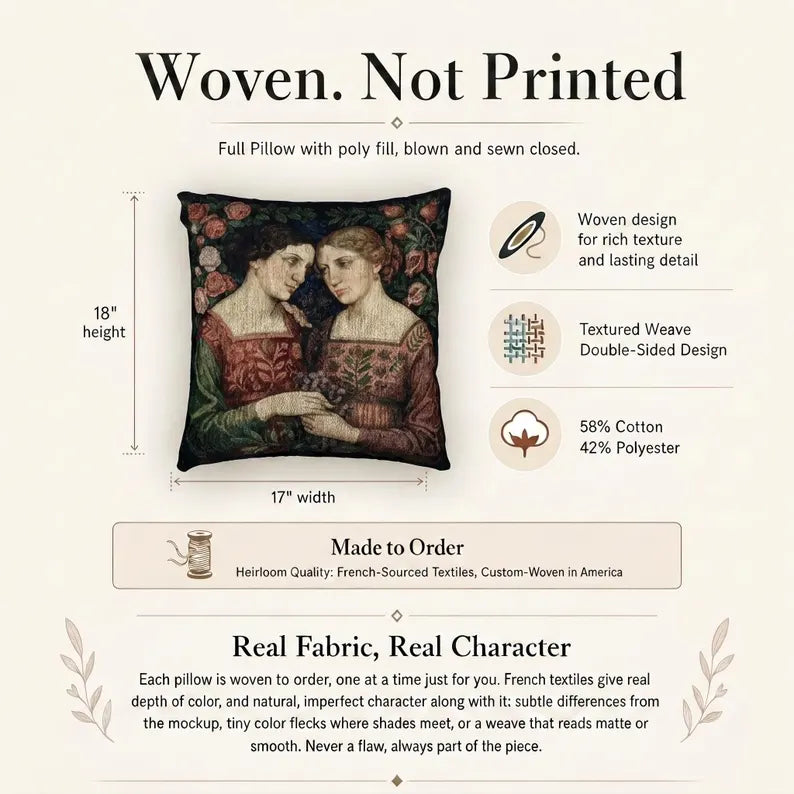 Sapphic Pre-Raphaelite Woven Pillow | Lesbian Art, Romantic Queer Decor