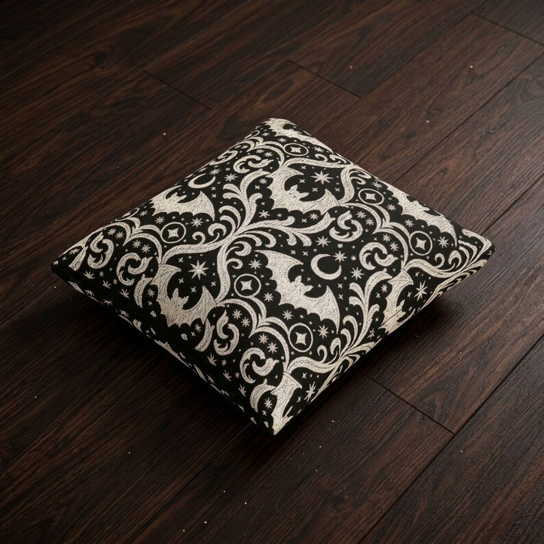 Gothic Bat Damask Woven Pillow | Black Halloween Decor