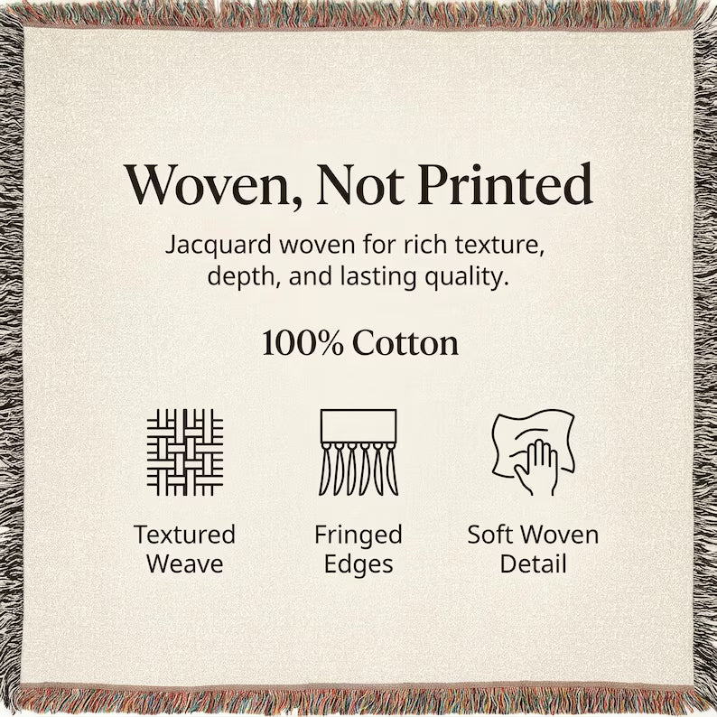 100% cotton jacquard blanket construction and woven-not-printed details