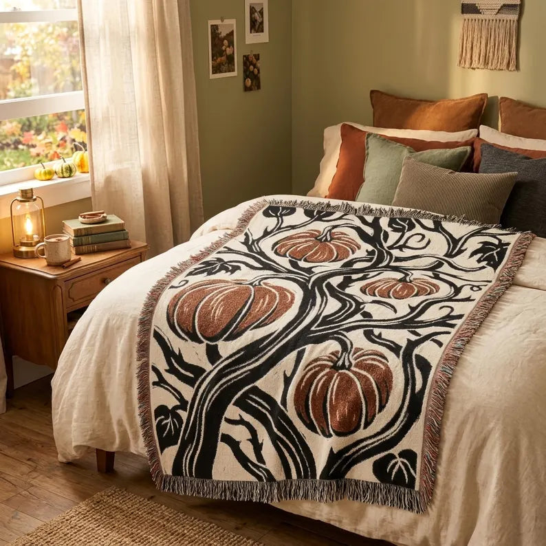 Art Nouveau pumpkin vine woven throw blanket in a bedroom
