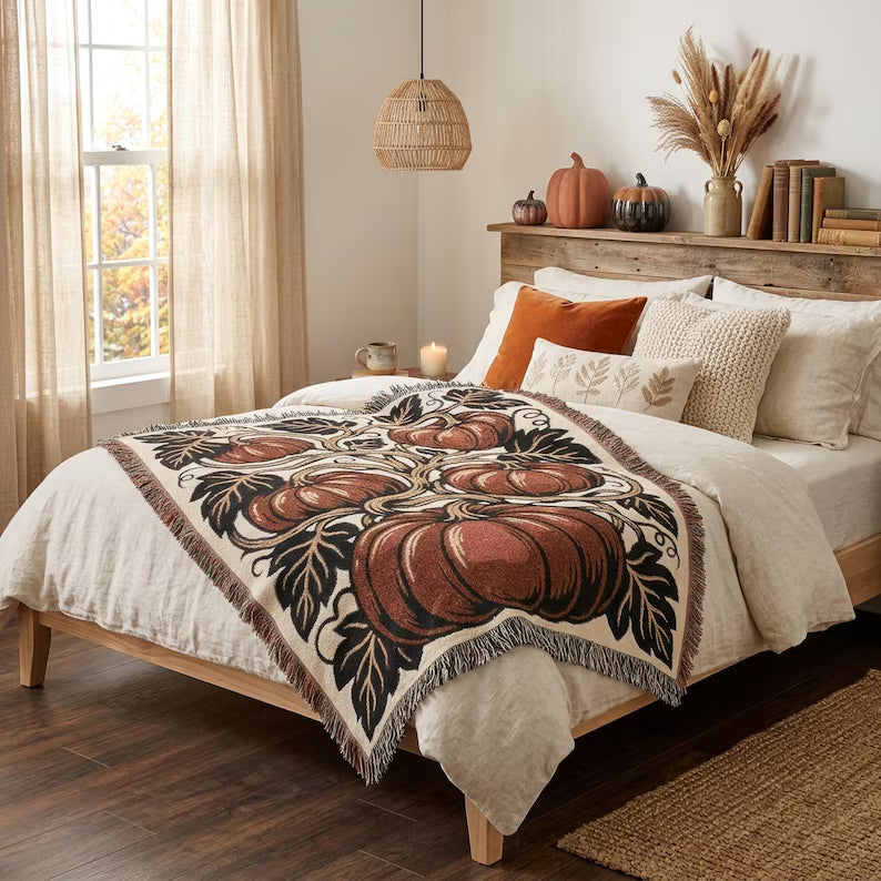 Botanical Pumpkin Woven Throw Blanket | Fall Harvest Decor