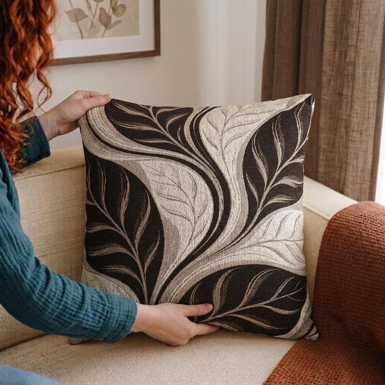 Autumn Leaves Woven Pillow | Black & Cream Fall Decor