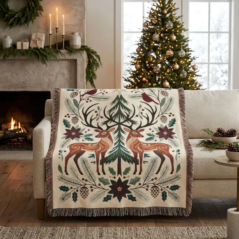 Christmas Deer & Cardinal Woven Blanket | Nordic Folk Art Throw