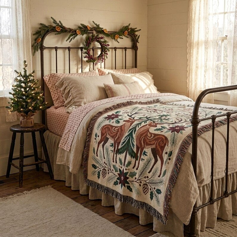 Christmas Deer & Cardinal Woven Blanket | Nordic Folk Art Throw
