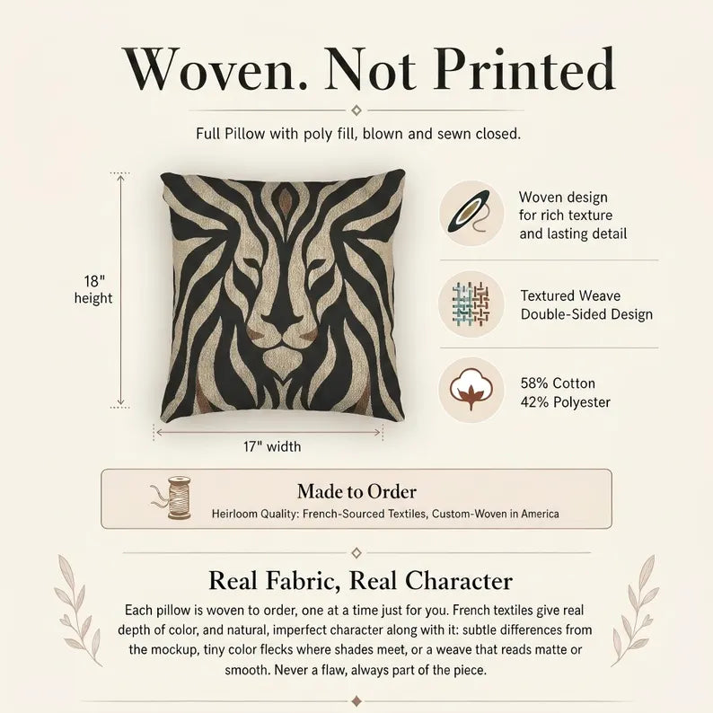 Lion Face Woven Pillow | Black & Beige Safari Decor
