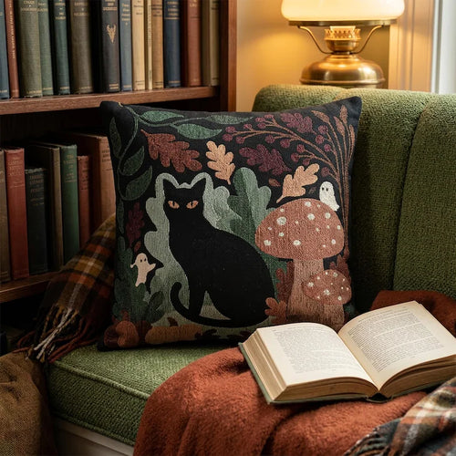 Black cat and mushroom Gothic cottagecore woven pillow