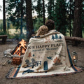 Personalized Our Happy Place woven blanket with custom names at a woodland campfire