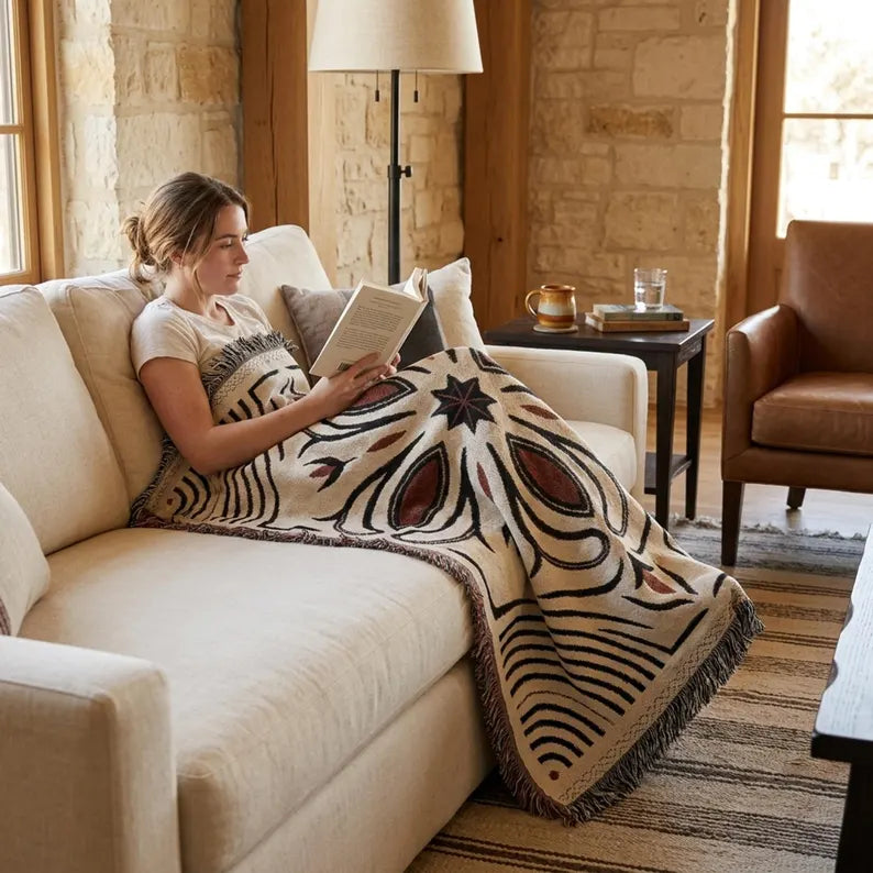 Natural, black and rust woven throw blanket styled in a warm rustic interior