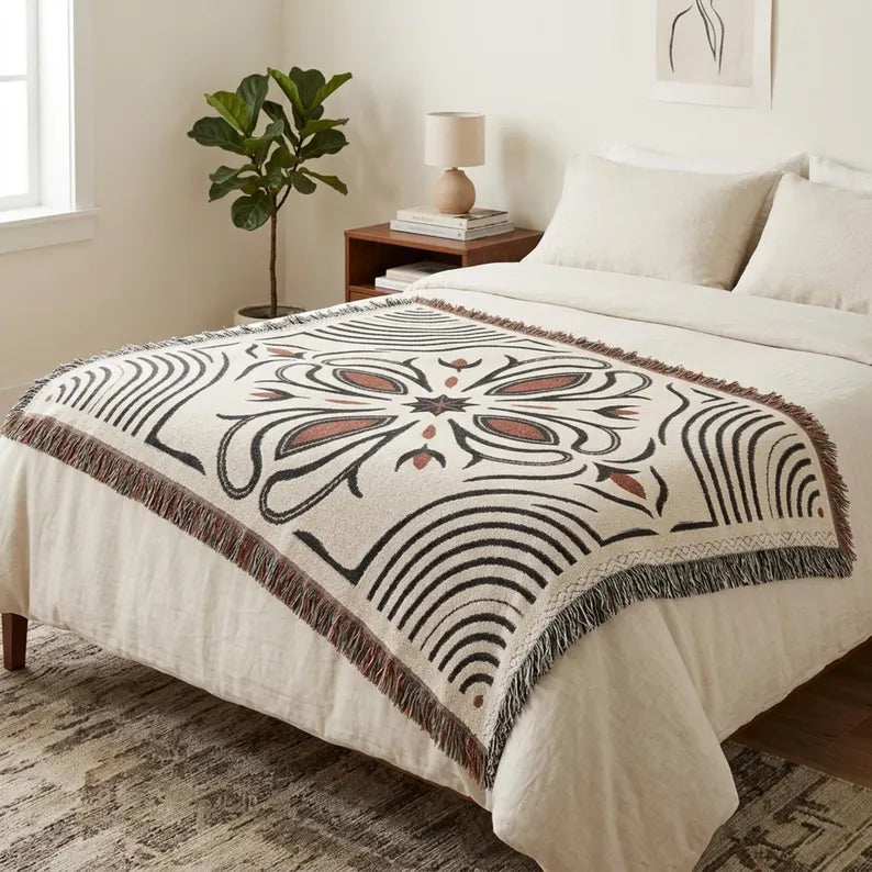 Black and rust woven blanket layered as Western home decor