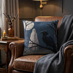 Ghost and raven woven Halloween pillow styled on a brown leather chair