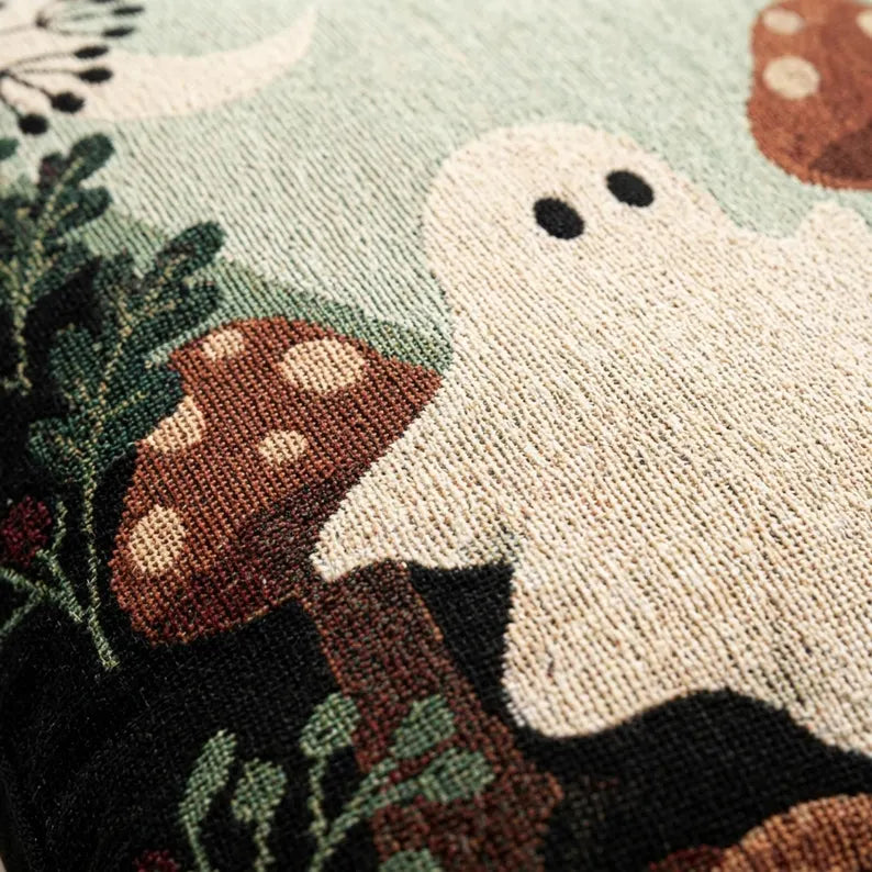 Two Ghosts & Mushrooms Woven Throw Pillow | Halloween Decor