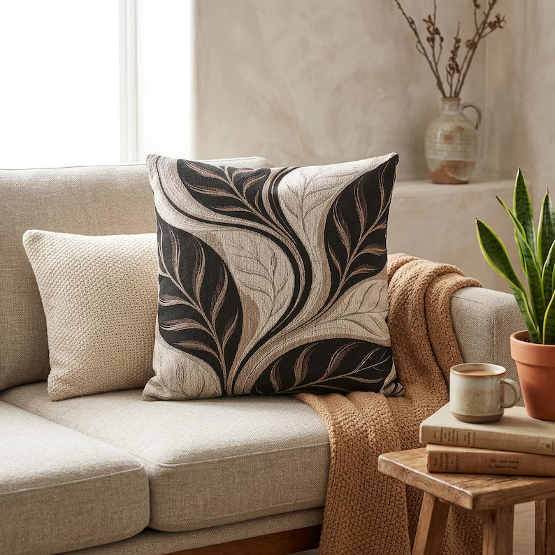 Autumn Leaves Woven Pillow | Black & Cream Fall Decor