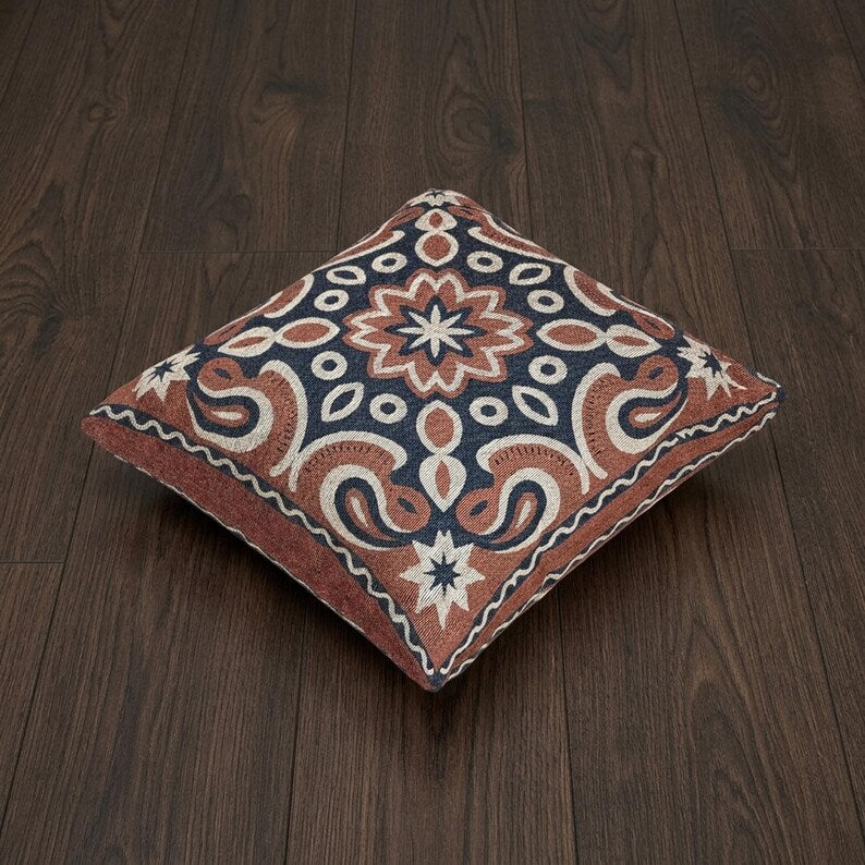 Boho Medallion Woven Pillow | Rust & Navy Kilim Decor
