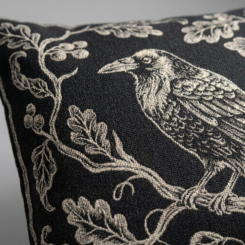 Raven on Branch Woven Pillow | Gothic Tapestry Decor