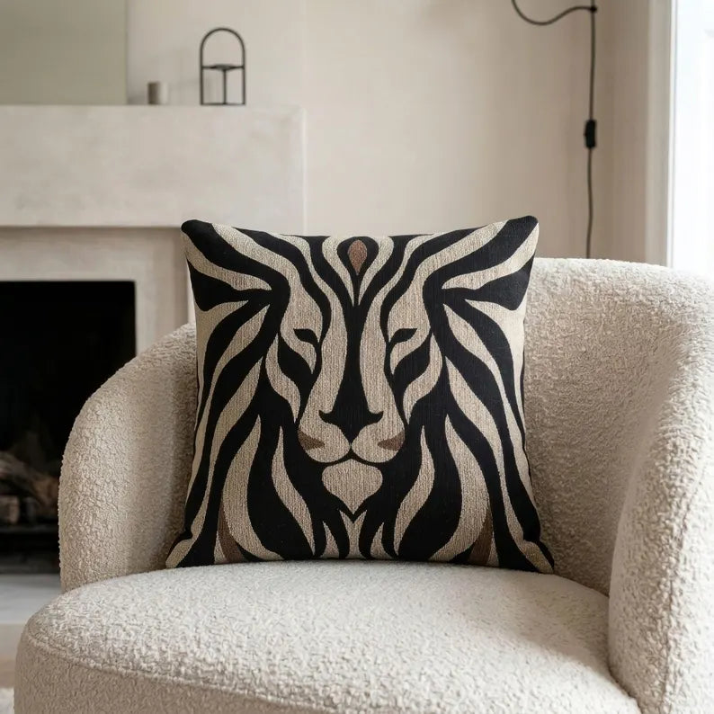 Lion Face Woven Pillow | Black & Beige Safari Decor