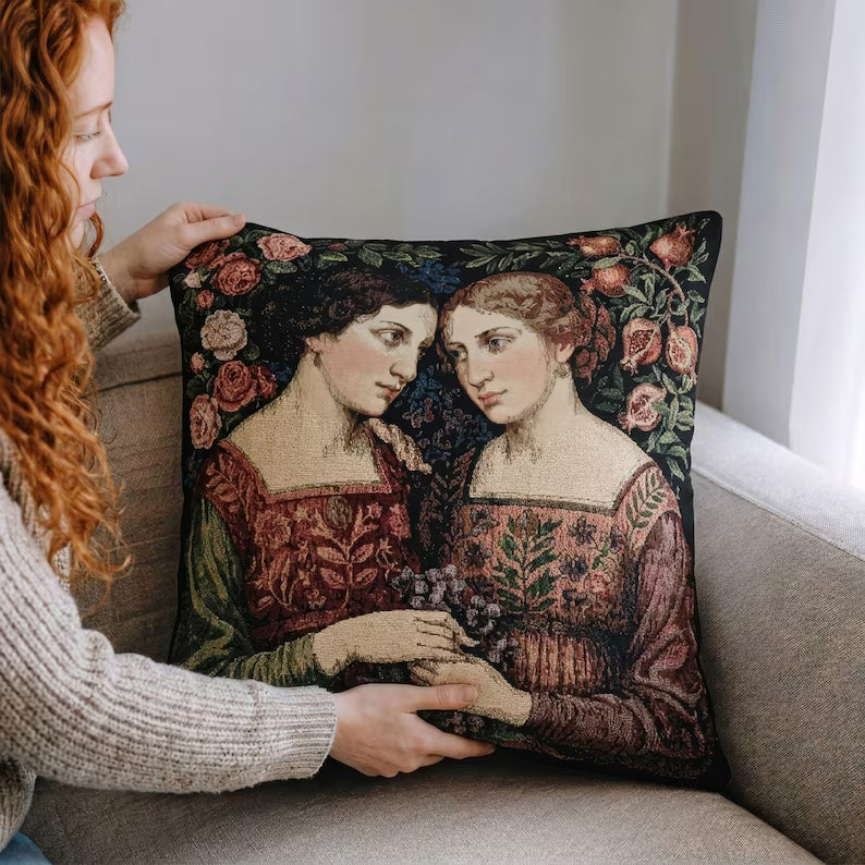 Sapphic Pre-Raphaelite Woven Pillow | Lesbian Art, Romantic Queer Decor