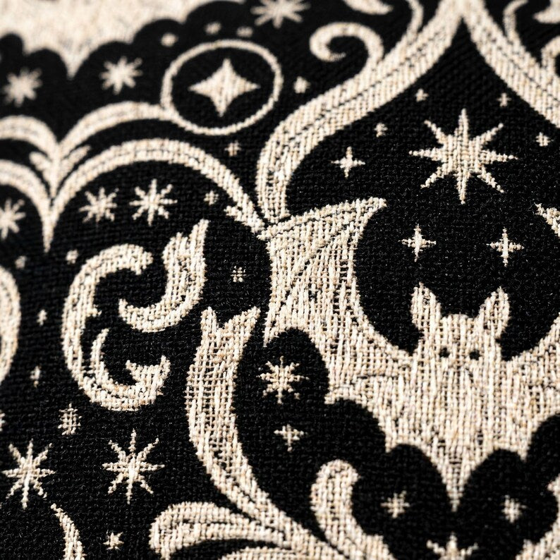 Gothic Bat Damask Woven Pillow | Black Halloween Decor