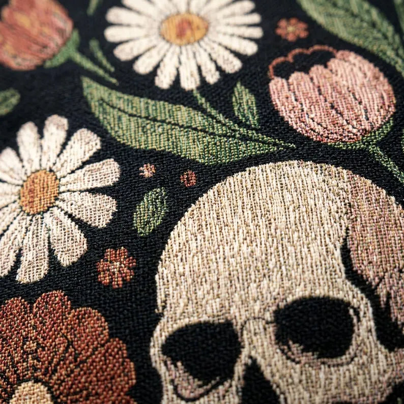 Floral Skull Woven Pillow | Gothic Botanical Tapestry