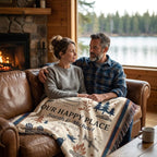 Couple using a personalized Our Happy Place woven blanket in a lakeside cabin