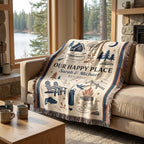 Personalized cabin couple blanket styled in a lakeside living room