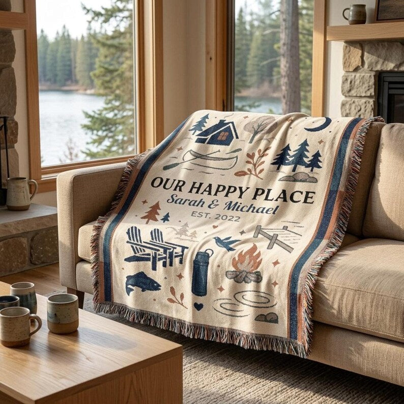 Personalized cabin couple blanket styled in a lakeside living room