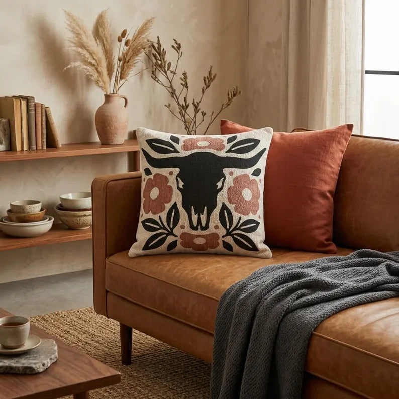 Bull Skull Floral Woven Pillow | Southwestern Folk Decor