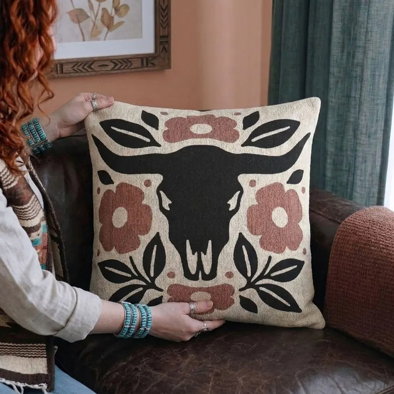 Longhorn Skull Woven Pillow | Western Floral Tapestry Decor