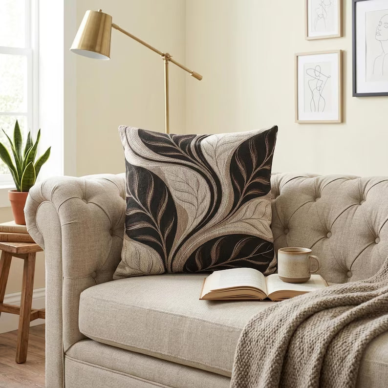 Autumn Leaves Woven Pillow | Black & Cream Fall Decor