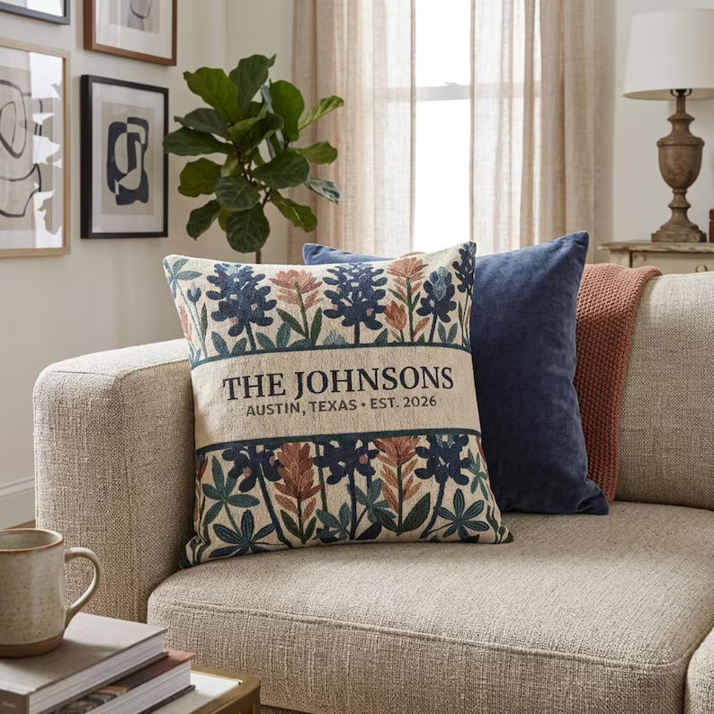 Personalized Texas Wildflower Woven Pillow | Family Name Gift