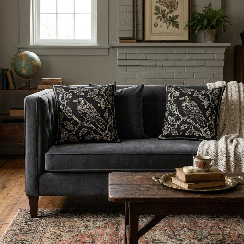 Raven on Branch Woven Pillow | Gothic Tapestry Decor