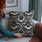 Gothic Bat Damask Woven Pillow | Black Halloween Decor